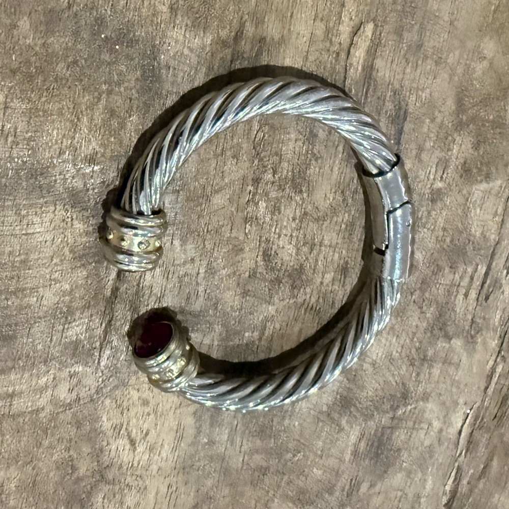 Designer Inspired Cable Bracelet Silver and Gold Toned with Fuchsia Accents - Picture 4 of 8